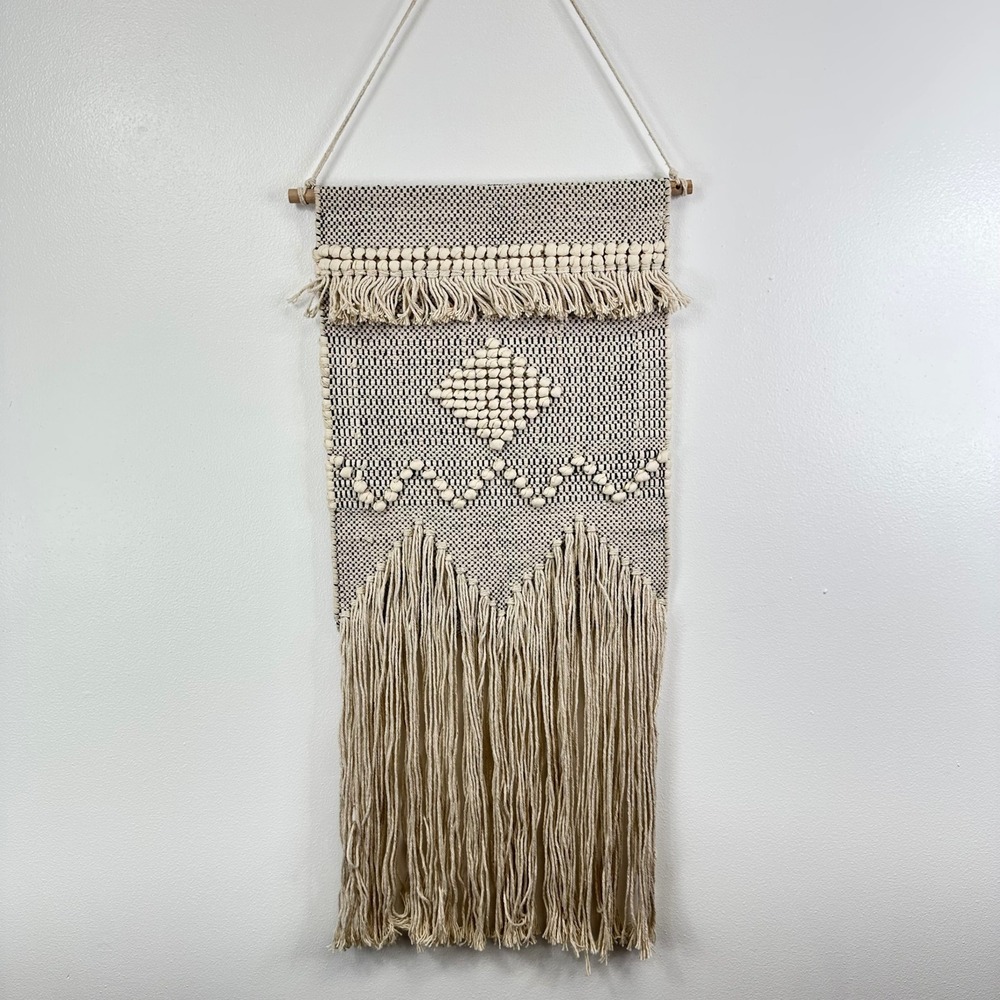 Woven Bohemian Geometric Wall Hanging Beige 7.5" W x 32" L
